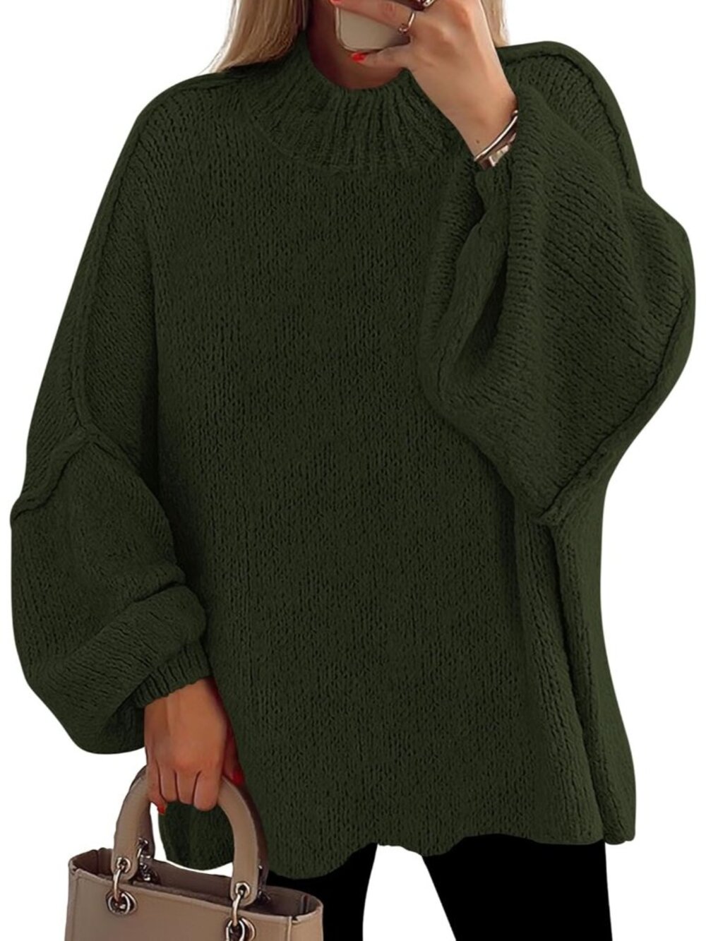 Women Green Cozy Oversized Mock Neck Drop Shoulder Chunky Knit Slouchy Sweater